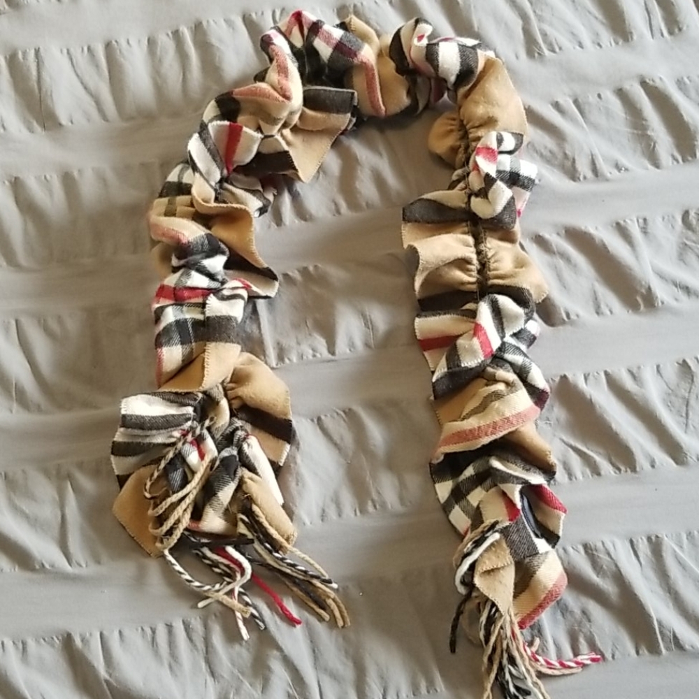 Tan, black, red and white plaid scarf